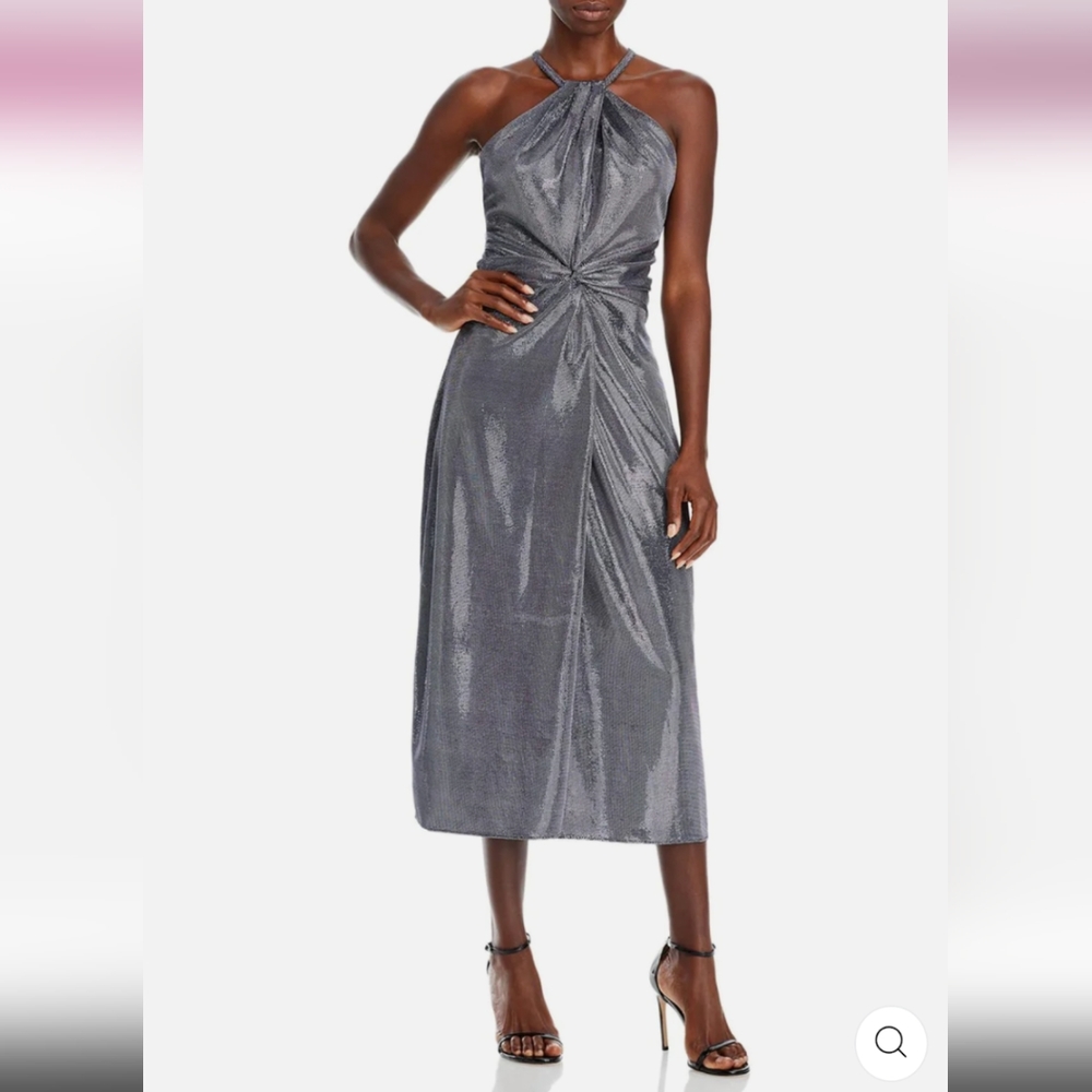 NWT Ramy Brook Dina Women's Silver Metallic Halter Cocktail Dress Midi Dress - Picture 9 of 9